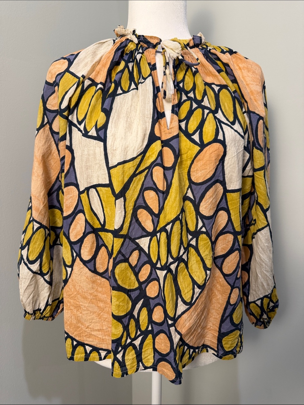 Cleobella Abstract Print Peasant Blouse - Yellow & Peach & Cream. Size Small.